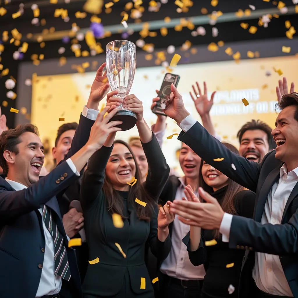 Equipo de ConsultCol celebrando un premio empresarial