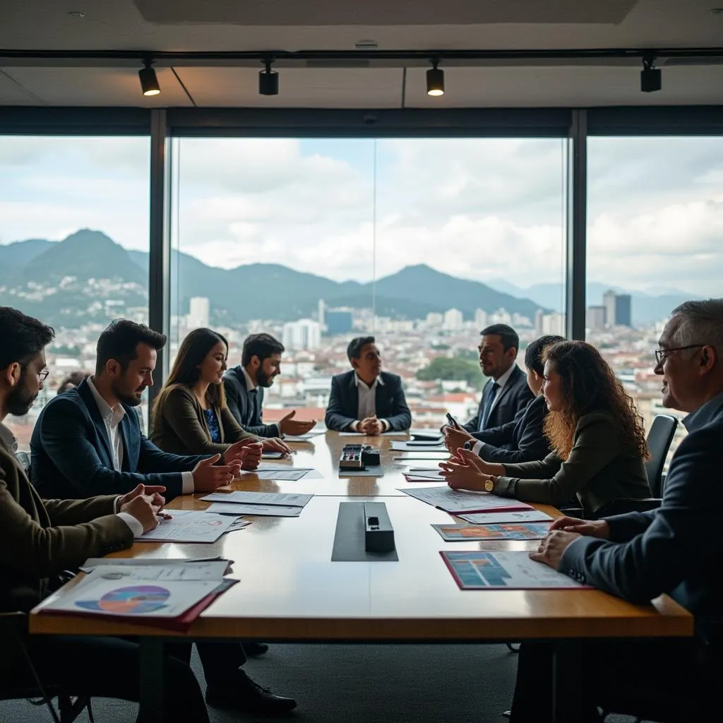 Equipo de consultoría de ConsultCol en oficina moderna de Bogotá